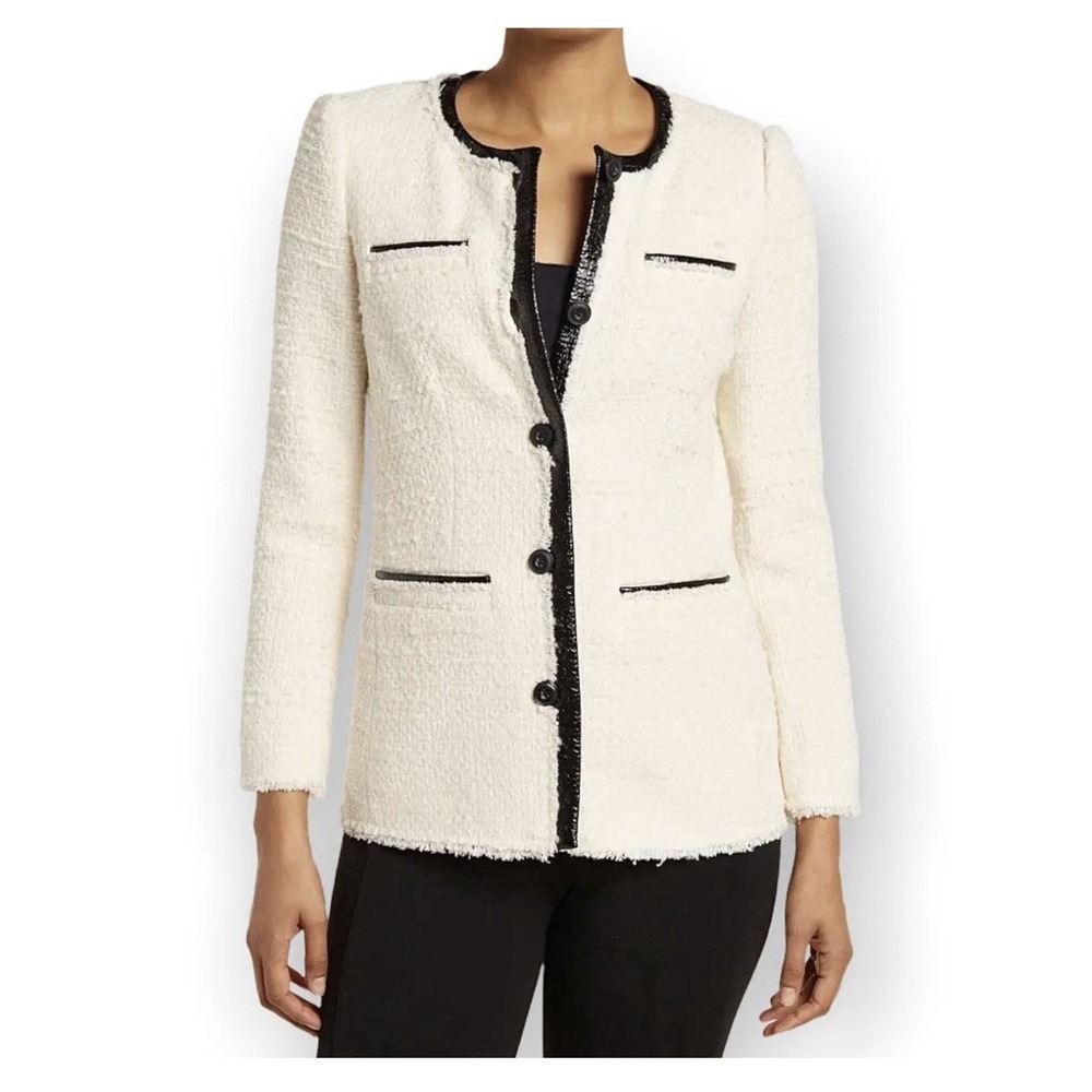 Rebecca Taylor Boucle Tweed Blazer Womens 2 White Faux Leather Trim Quiet Luxury